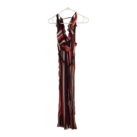 Luxxel Pants - Luxxel Striped Ruffle V-Neck Maxi Dress Multi-Color Metallic Detail Small